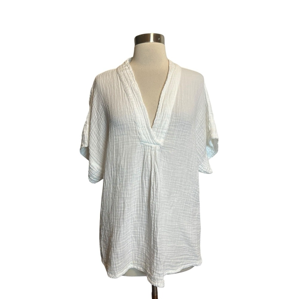 Honest Cotton Gauze Top One Size White Short Sleeve Relaxed Fit V-Neck Tunic
